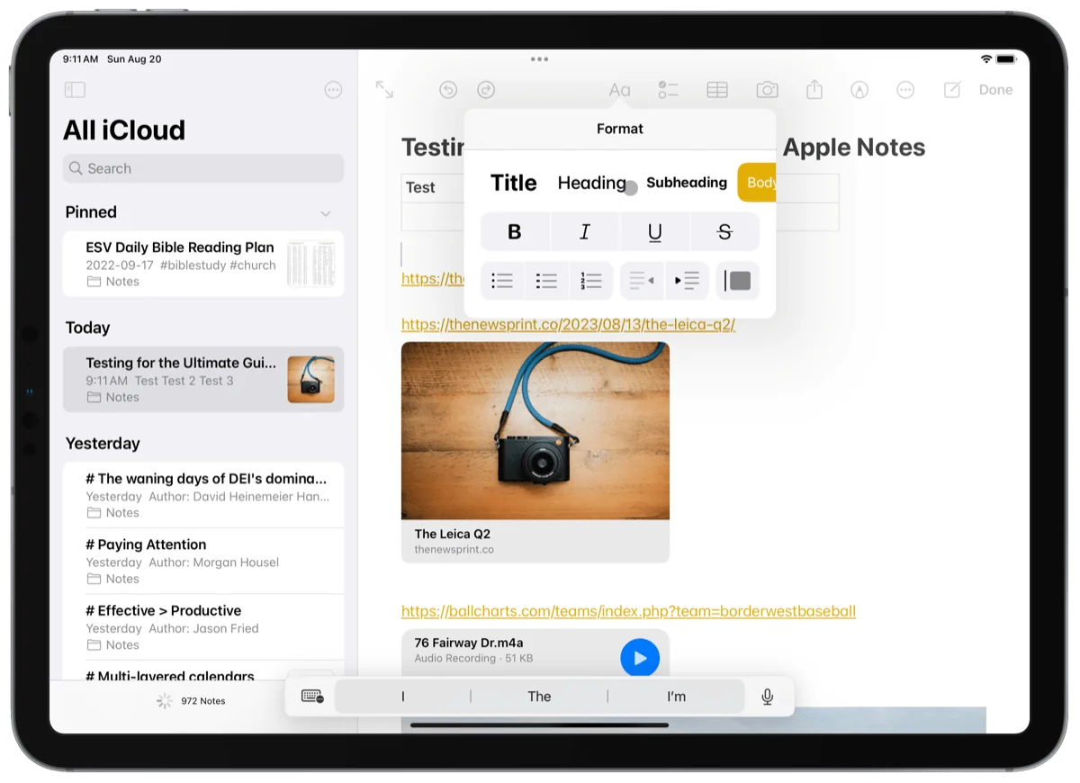 Apple Notes app interface