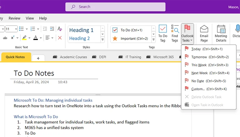 Microsoft OneNote interface with Cornell notes layout showing table-based cue and notes columns