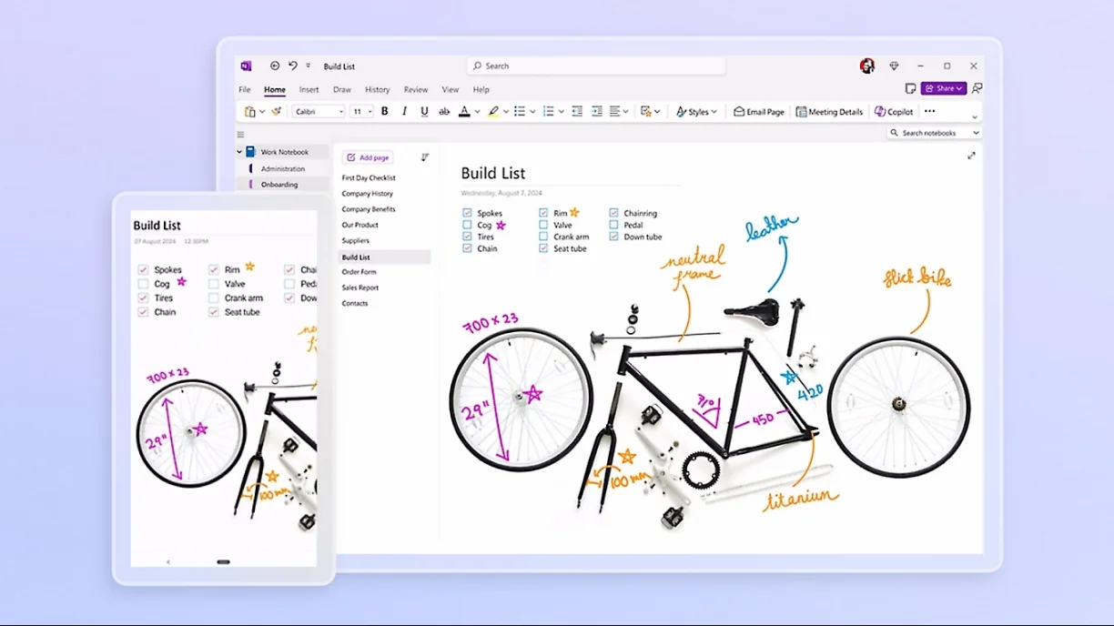 OneNote interface showing organized class notes with sections and pages