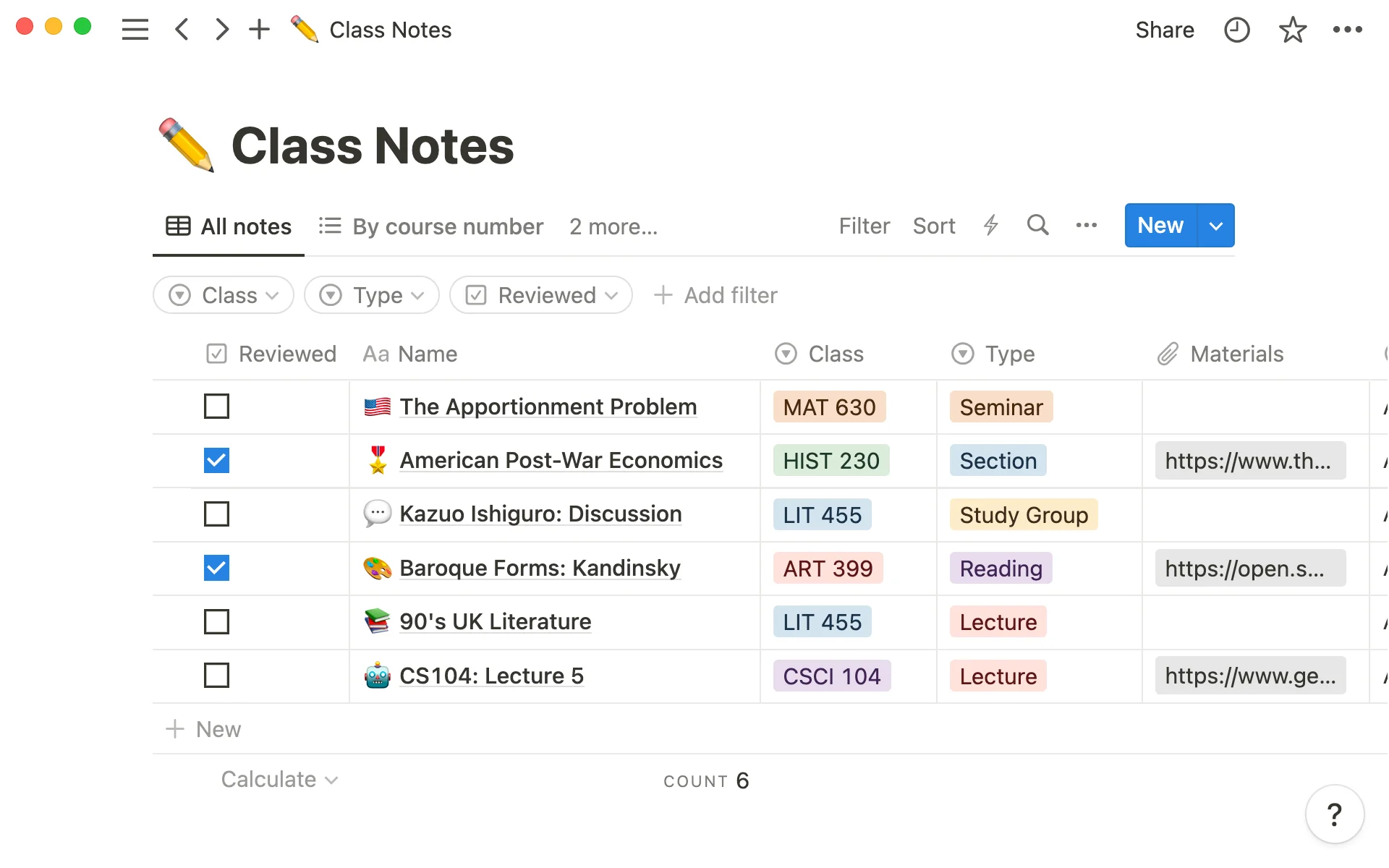 Notion workspace showing a Cornell notes template with cue column, notes column, and summary section