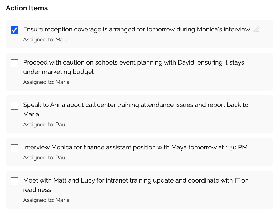 Automatically detected action items with assignees and deadlines