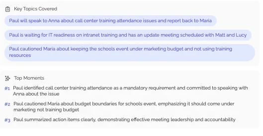 Screenshot of searchable meeting archive with filters for date, participants, keywords, and topics