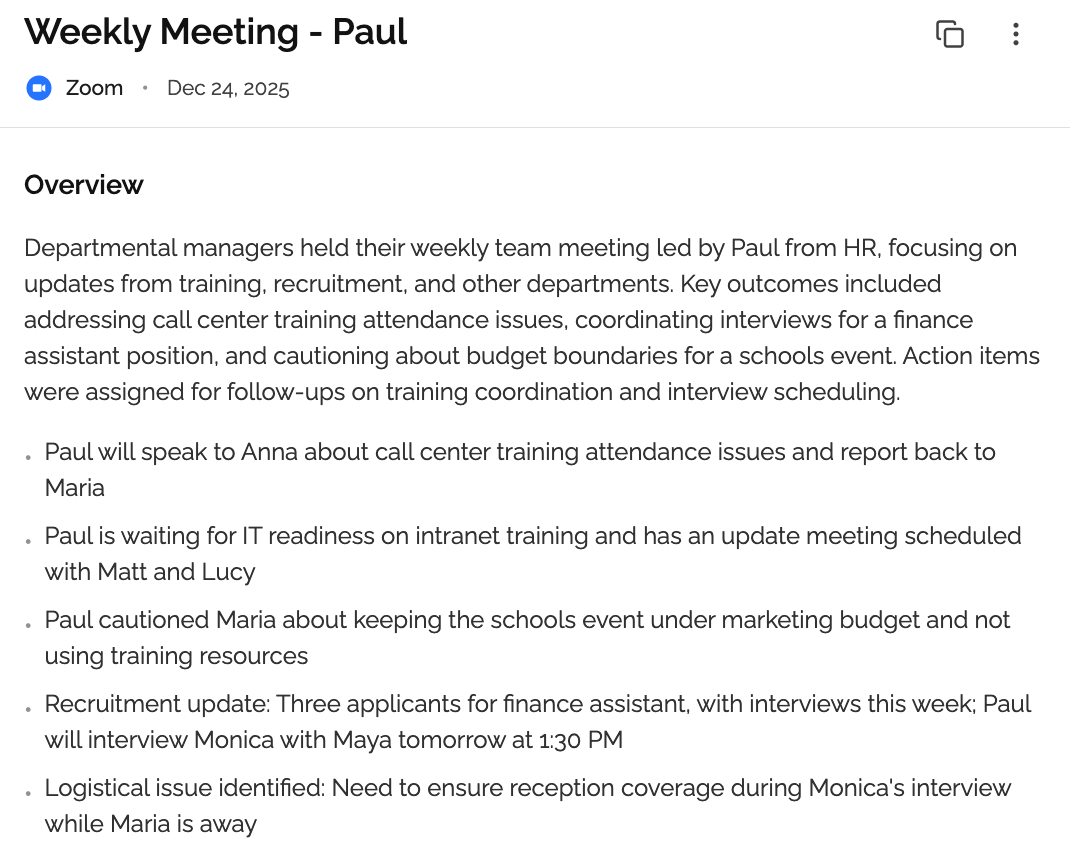 AI-generated meeting summary showing key points, decisions, and action items