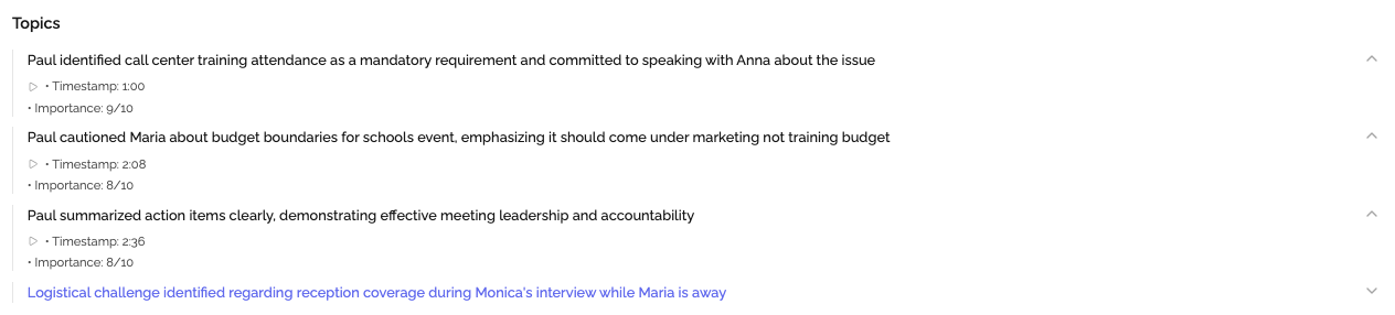 AI-detected meeting topics with timestamps and navigation