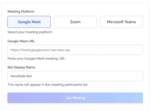 KenzNote's send bot interface: paste a meeting link and the bot joins to record and transcribe the call